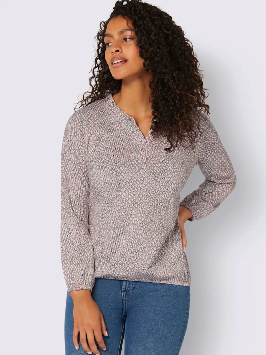 T-shirt à manches longues avec col rond froncé et imprimé