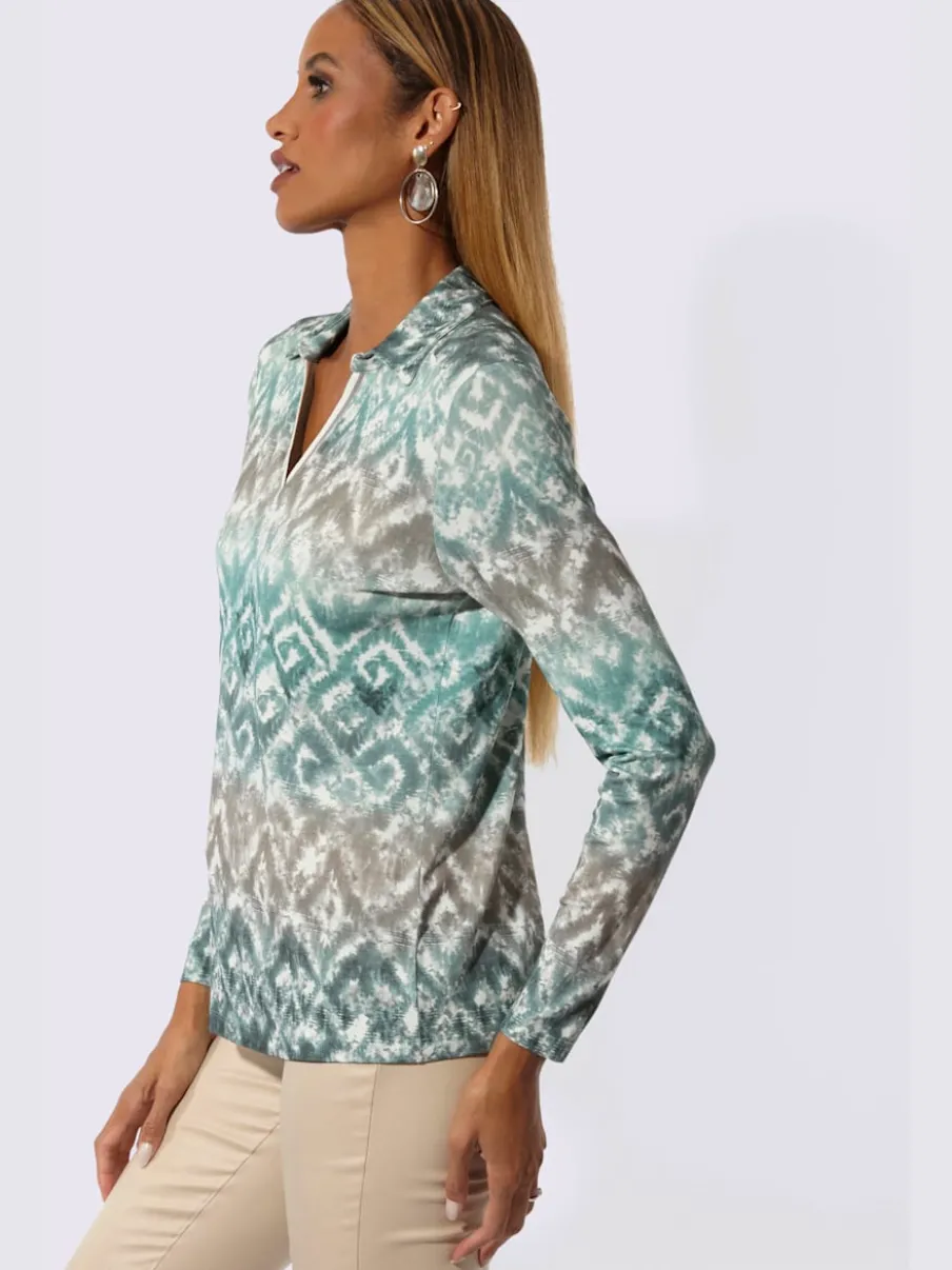 T-shirt à manches longues avec col chemise et motif imprimé sur toute la surface