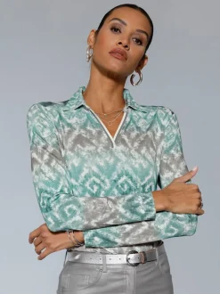 T-shirt à manches longues avec col chemise et motif imprimé sur toute la surface