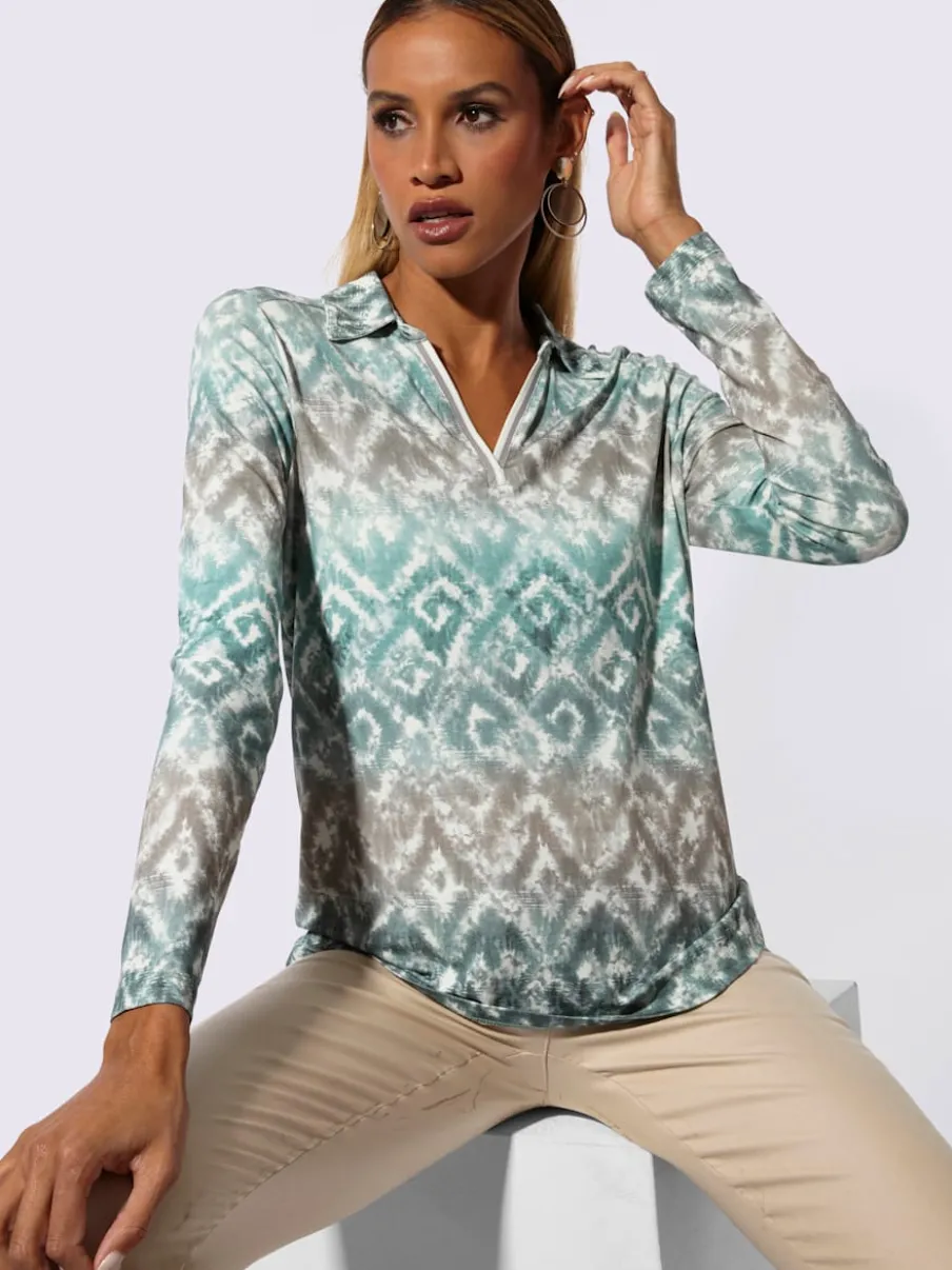T-shirt à manches longues avec col chemise et motif imprimé sur toute la surface