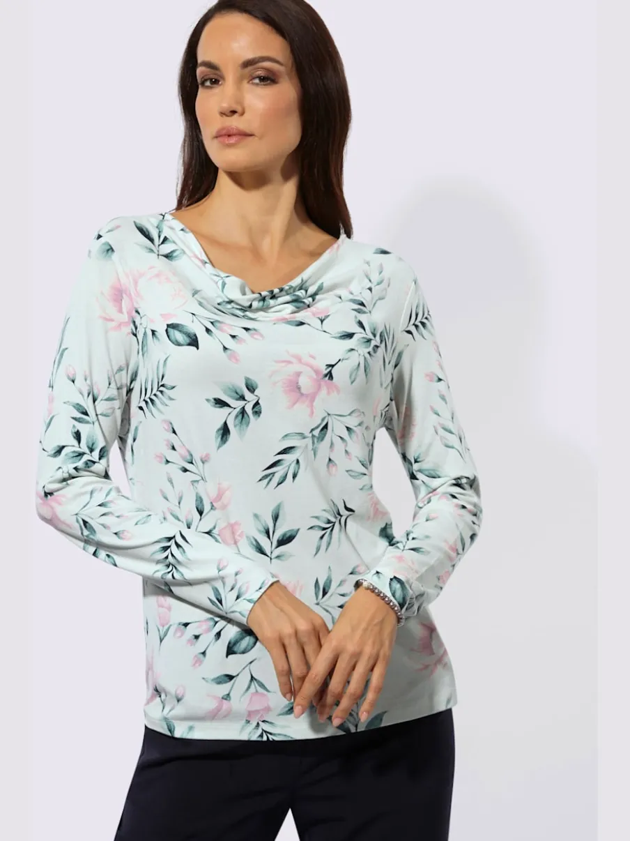 T-shirt à manches longues avec col bénitier et motifs floraux