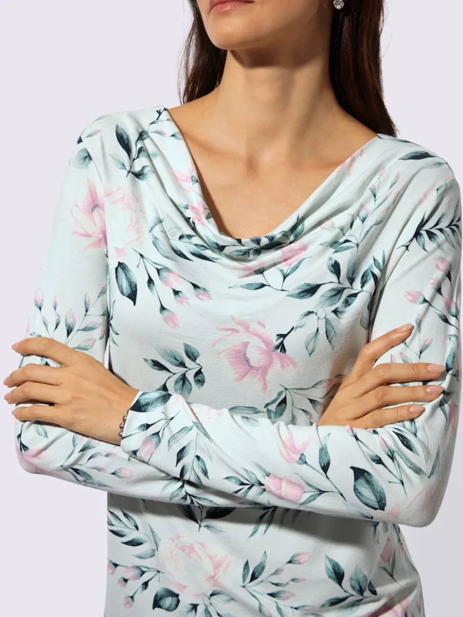 T-shirt à manches longues avec col bénitier et motifs floraux
