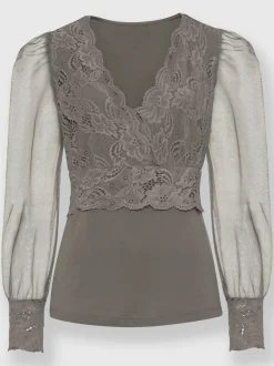T-shirt à manches longues avec dentelle et effet cache-cœur
