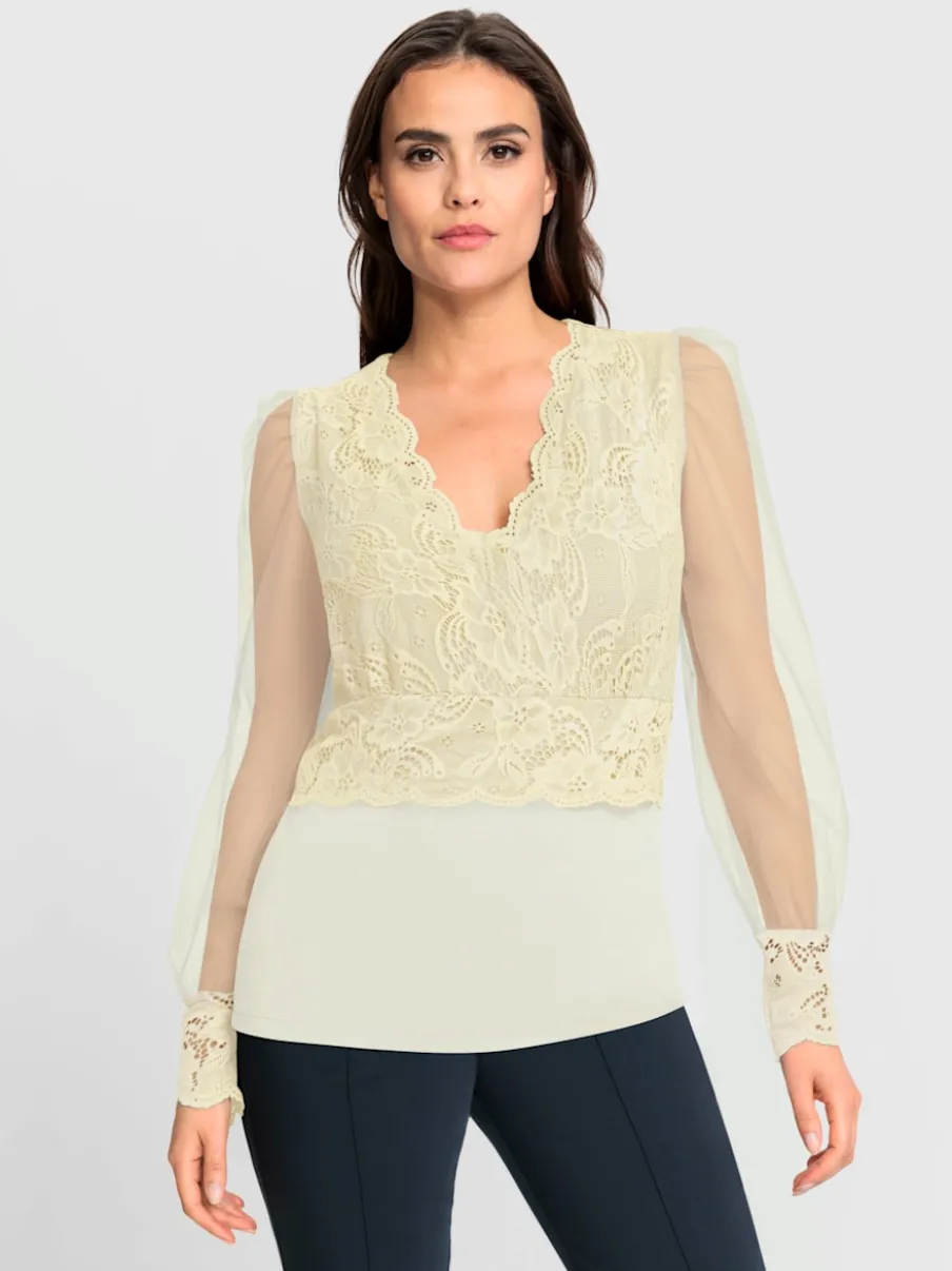 T-shirt à manches longues avec dentelle et effet cache-cœur