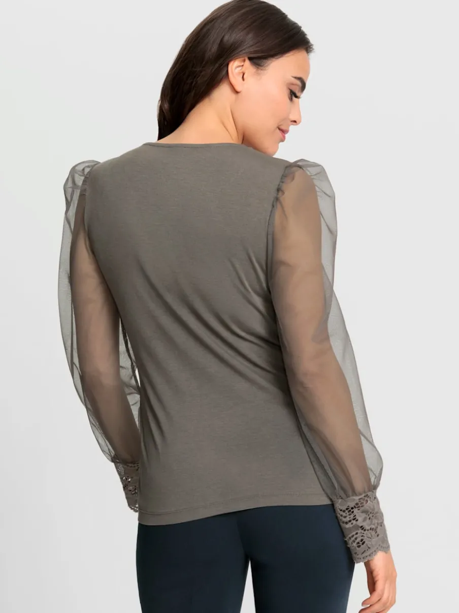 T-shirt à manches longues avec dentelle et effet cache-cœur