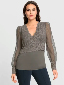 T-shirt à manches longues avec dentelle et effet cache-cœur