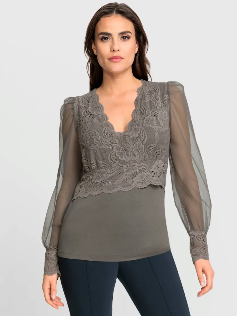 T-shirt à manches longues avec dentelle et effet cache-cœur