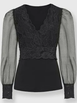 T-shirt à manches longues avec dentelle et effet cache-cœur
