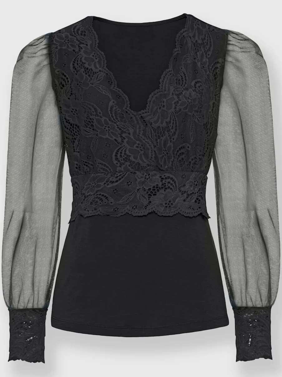 T-shirt à manches longues avec dentelle et effet cache-cœur