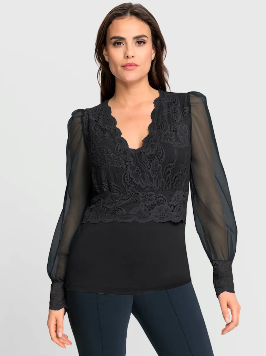 T-shirt à manches longues avec dentelle et effet cache-cœur