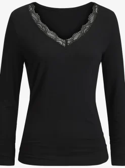 T-shirt à manches longues avec dentelle délicate à l'encolure en v