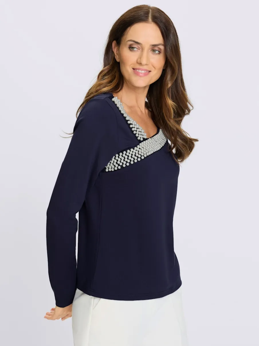 T-shirt à manches longues avec encolure et perles décoratives