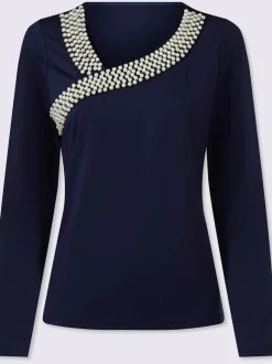 T-shirt à manches longues avec encolure et perles décoratives