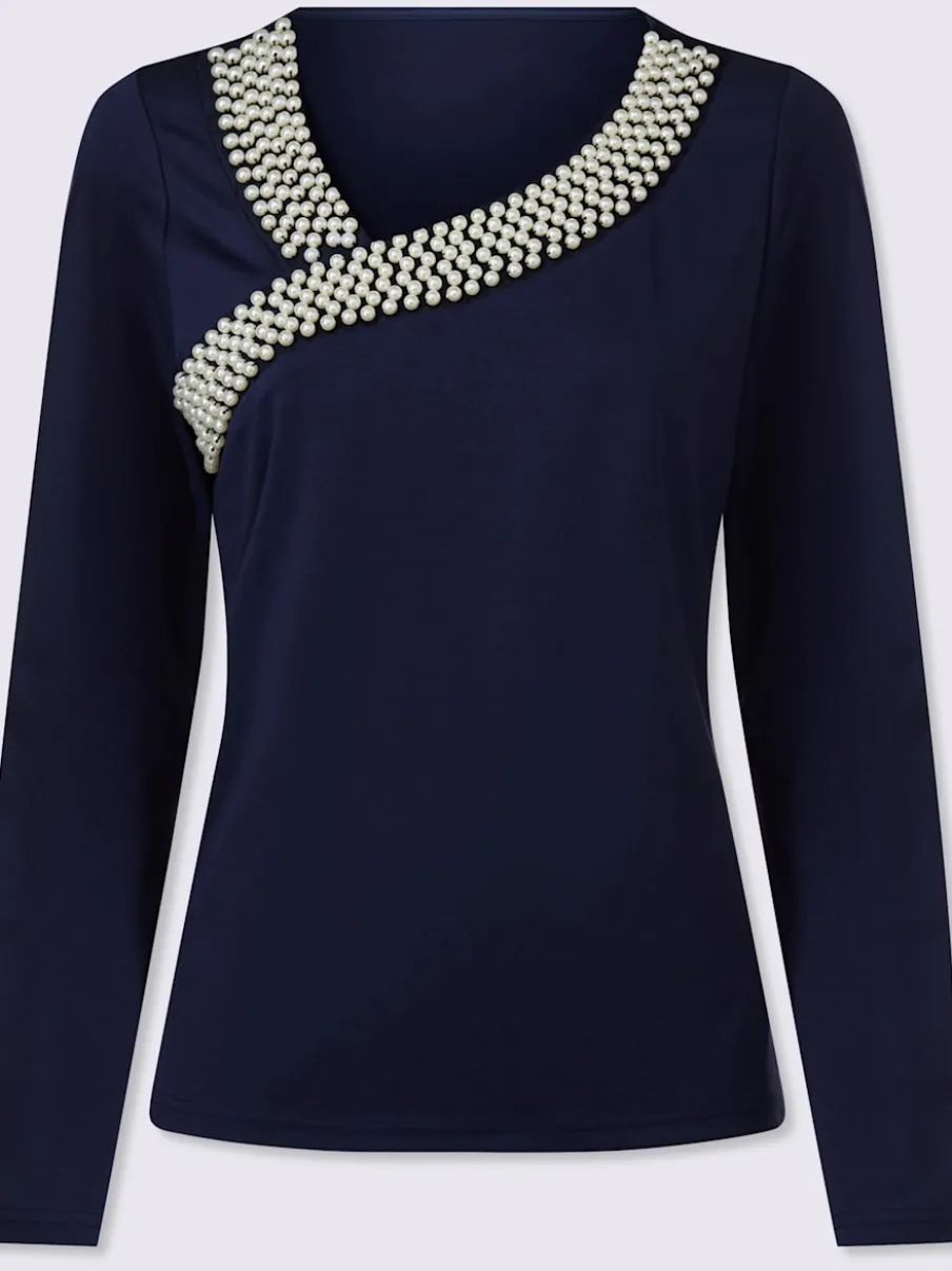 T-shirt à manches longues avec encolure et perles décoratives