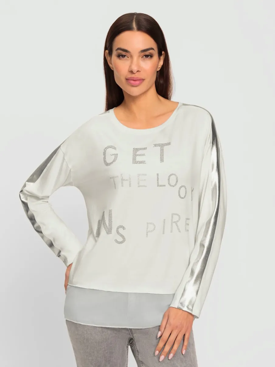 T-shirt à manches longues avec inscription et pierres brillantes