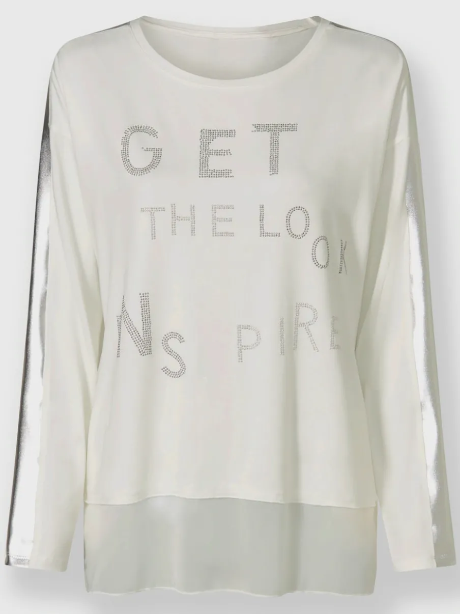 T-shirt à manches longues avec inscription et pierres brillantes