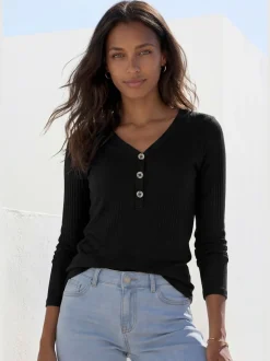 T-shirt à manches longues avec patte de boutonnage et boutons imitation corne