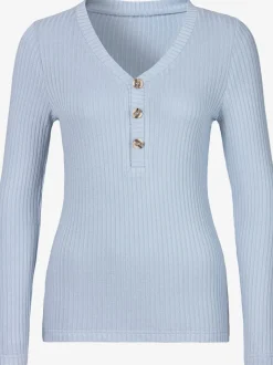 T-shirt à manches longues avec patte de boutonnage et boutons imitation corne