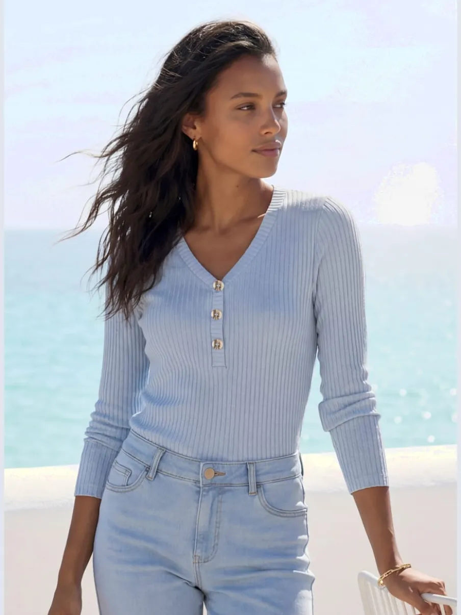 T-shirt à manches longues avec patte de boutonnage et boutons imitation corne