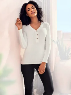 T-shirt à manches longues avec patte de boutonnage et boutons imitation corne
