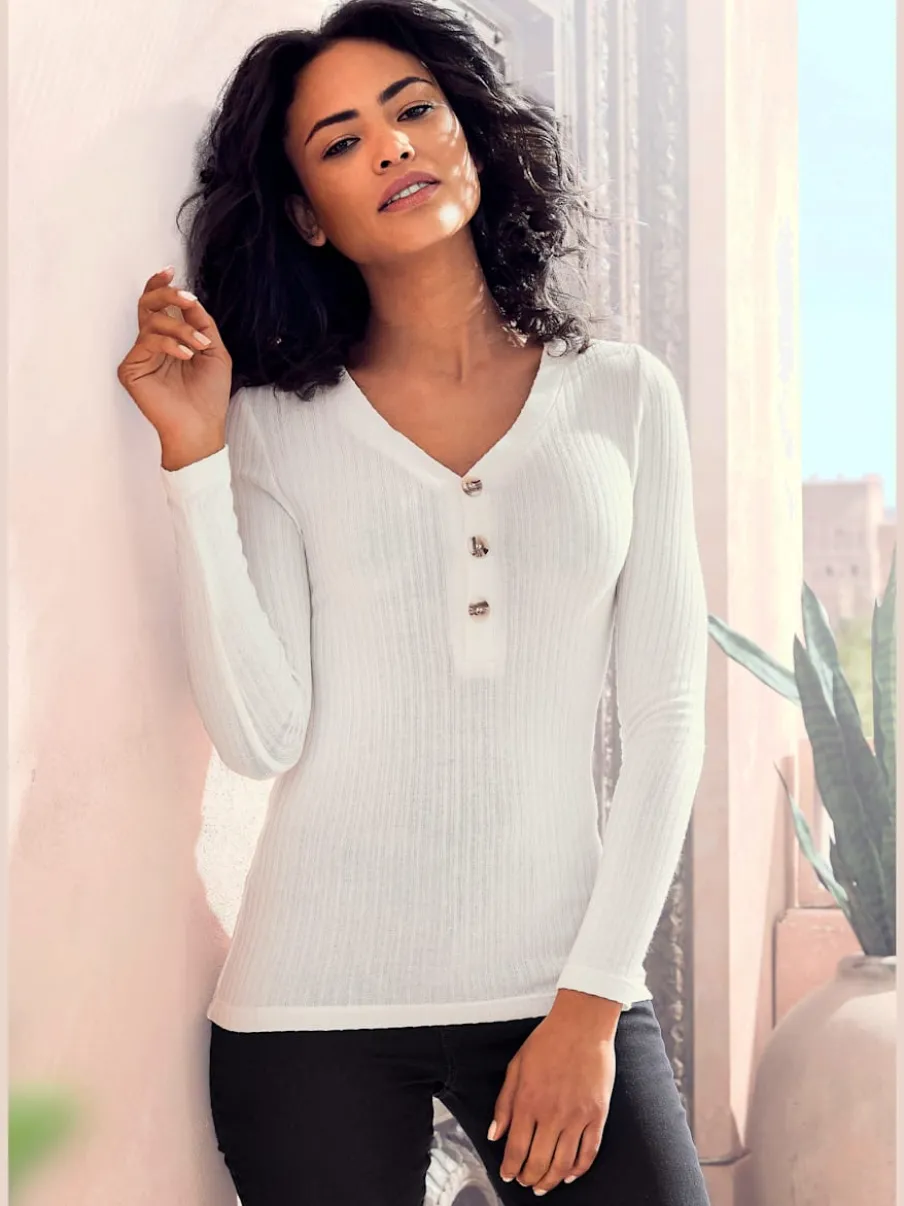 T-shirt à manches longues avec patte de boutonnage et boutons imitation corne