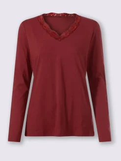 T-shirt à manches longues bordure en dentelle au col v.