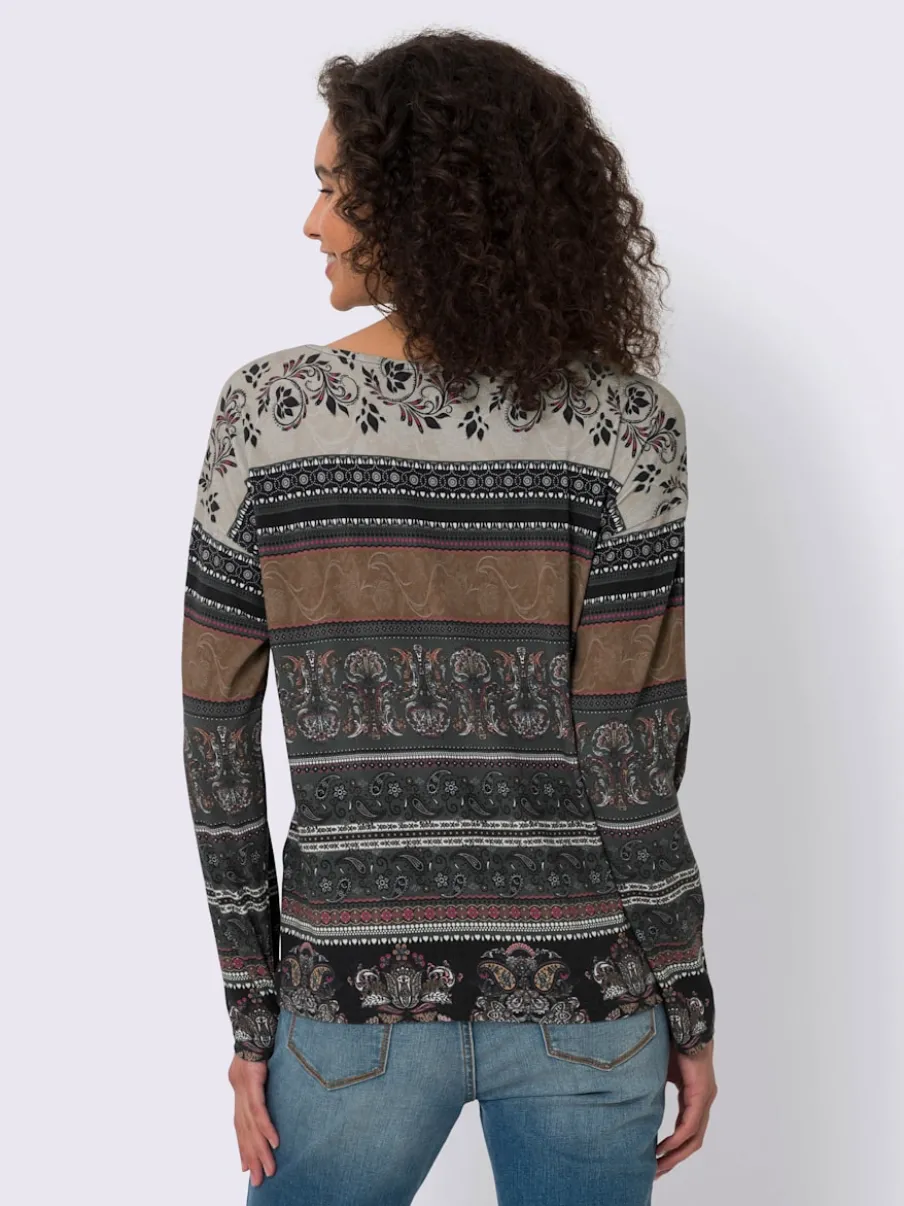 T-shirt à manches longues encolure U motifs paisley fleurs