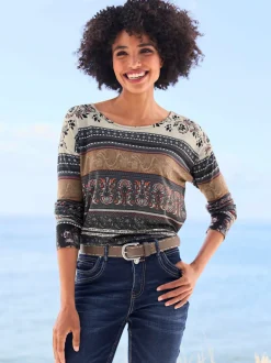 T-shirt à manches longues encolure U motifs paisley fleurs