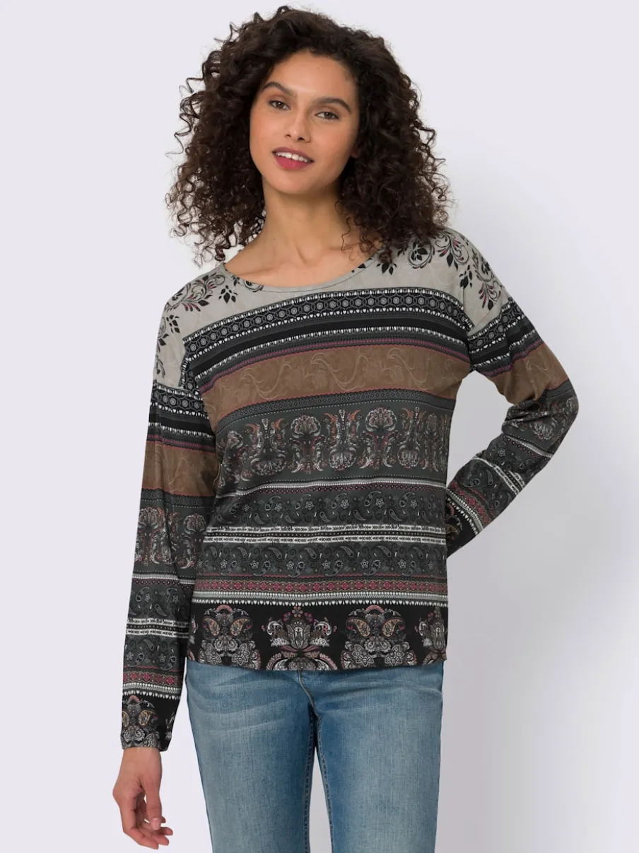 T-shirt à manches longues encolure U motifs paisley fleurs