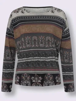 T-shirt à manches longues encolure U motifs paisley fleurs