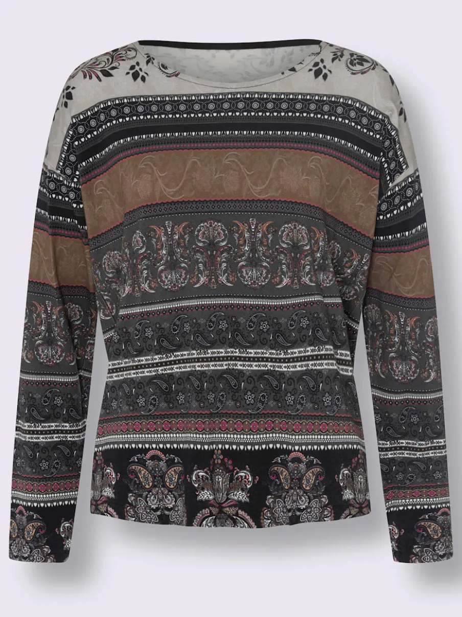 T-shirt à manches longues encolure U motifs paisley fleurs