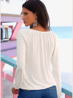 T-shirt manches longues à encolure élastiquée avec lien à nouer