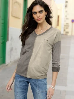 T-shirt à manches longues encolure en V avec fausse poche à paillettes