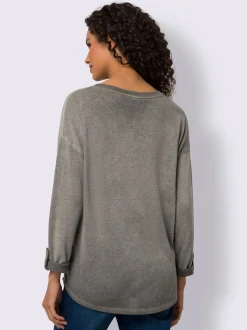 T-shirt à manches longues encolure en V avec fausse poche à paillettes