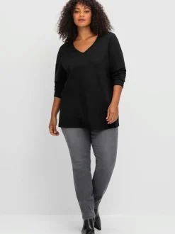 T-shirt à manches longues encolure en v passepoilée
