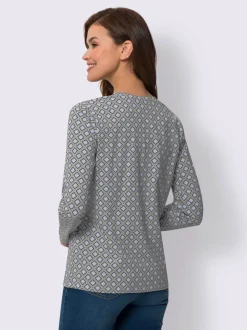 T-shirt à manches longues en coton avec col V et motif graphique