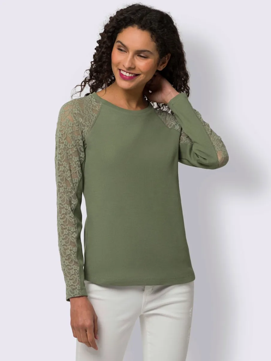 T-shirt à manches longues en dentelle avec col rond
