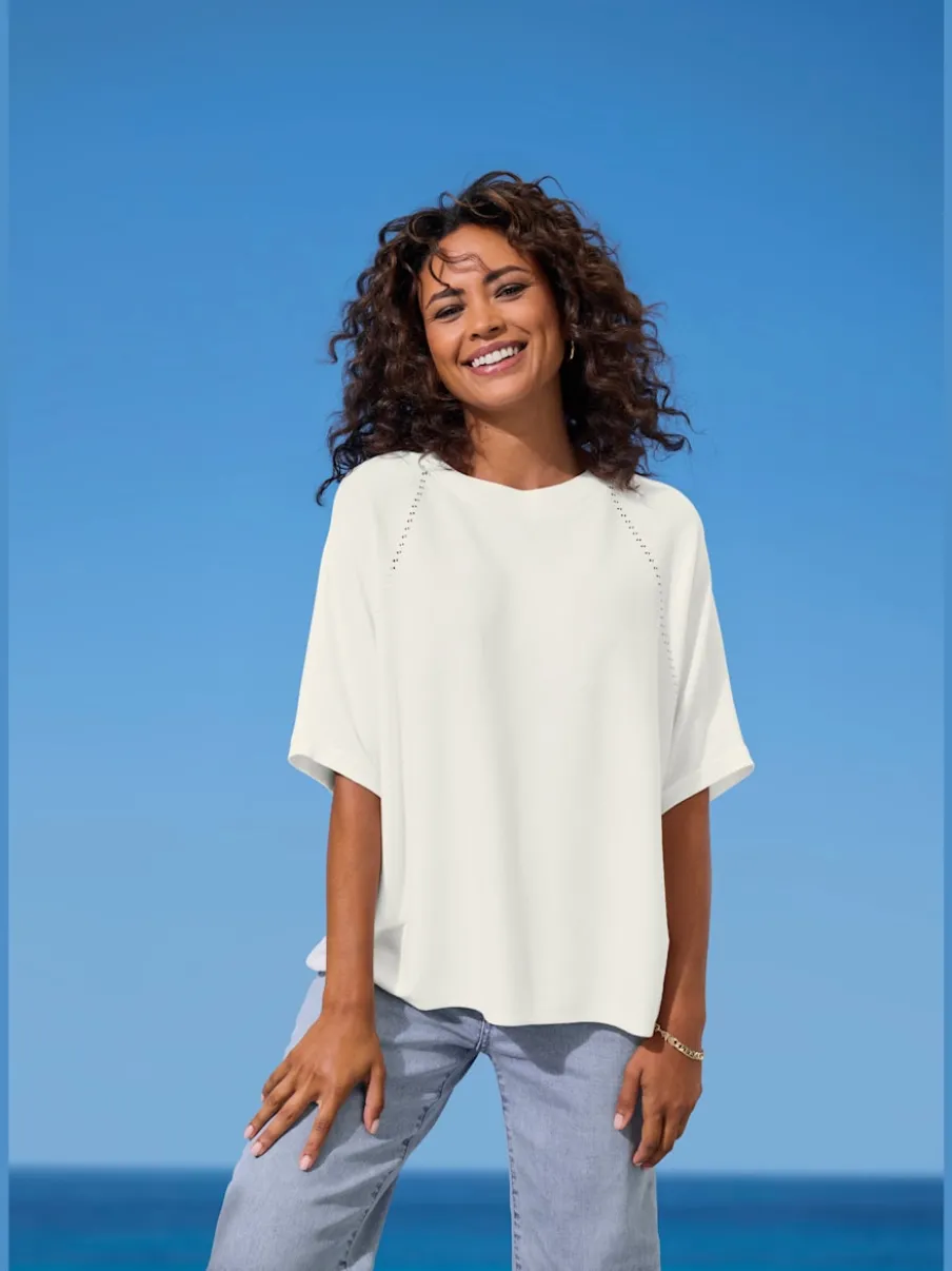 T-shirt à manches mi-longues avec motif en tricot ajouré