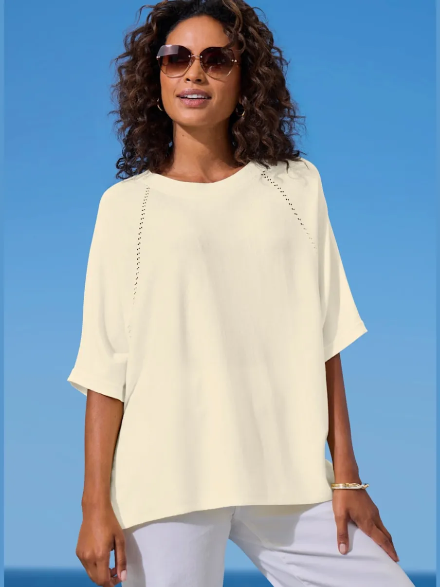 T-shirt à manches mi-longues avec motif en tricot ajouré
