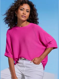 T-shirt à manches mi-longues avec motif en tricot ajouré