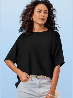 T-shirt à manches mi-longues avec motif en tricot ajouré