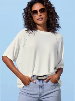 T-shirt à manches mi-longues avec motif en tricot ajouré