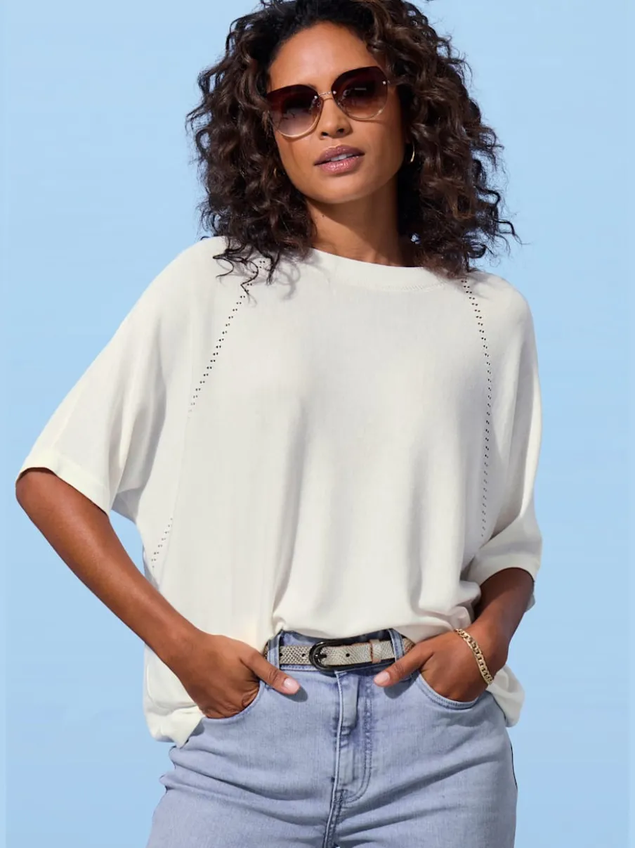 T-shirt à manches mi-longues avec motif en tricot ajouré