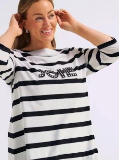 T-shirt à manches 3/4 mélange de rayures et de lettres