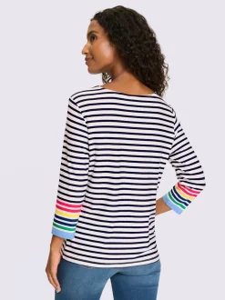 T-shirt à manches 3/4 motifs rayés avec détails contrastés