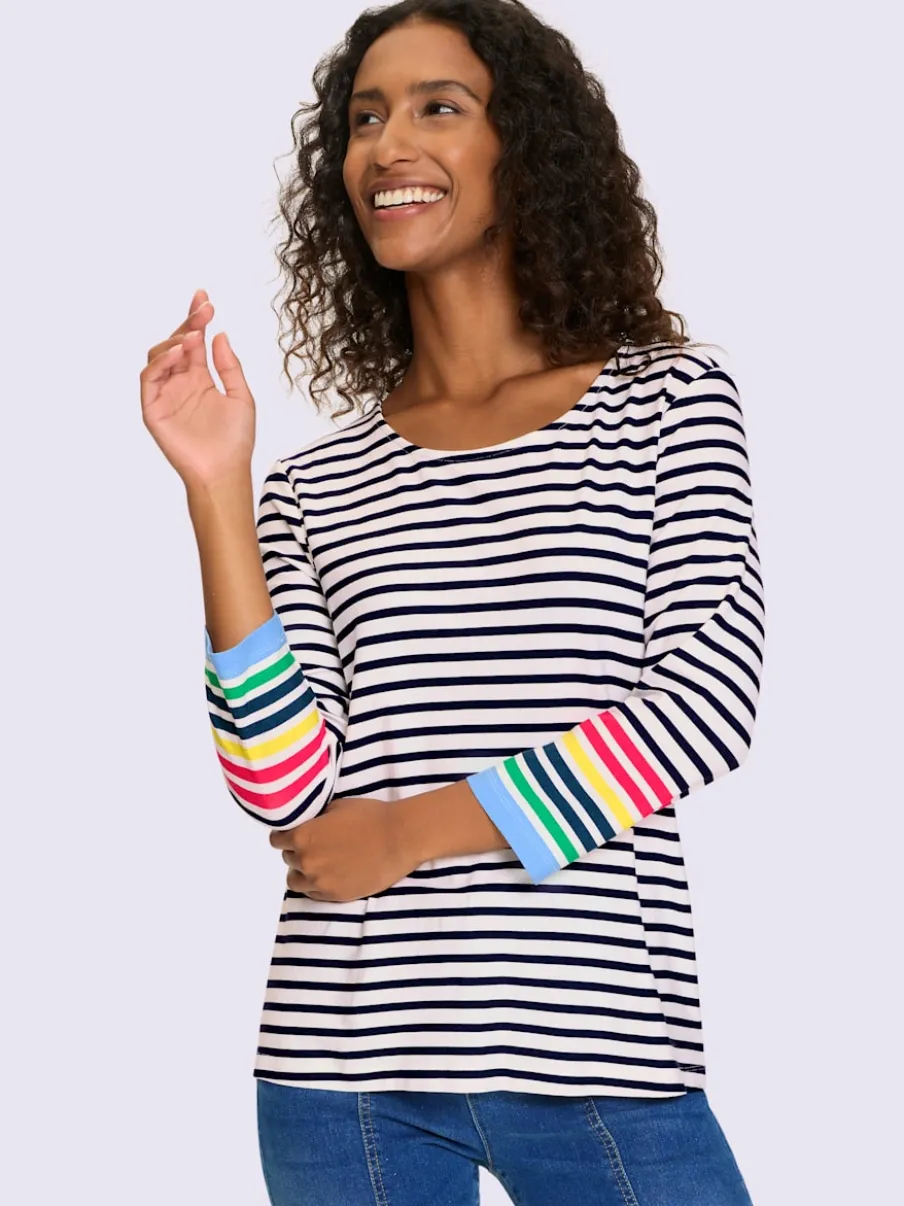 T-shirt à manches 3/4 motifs rayés avec détails contrastés