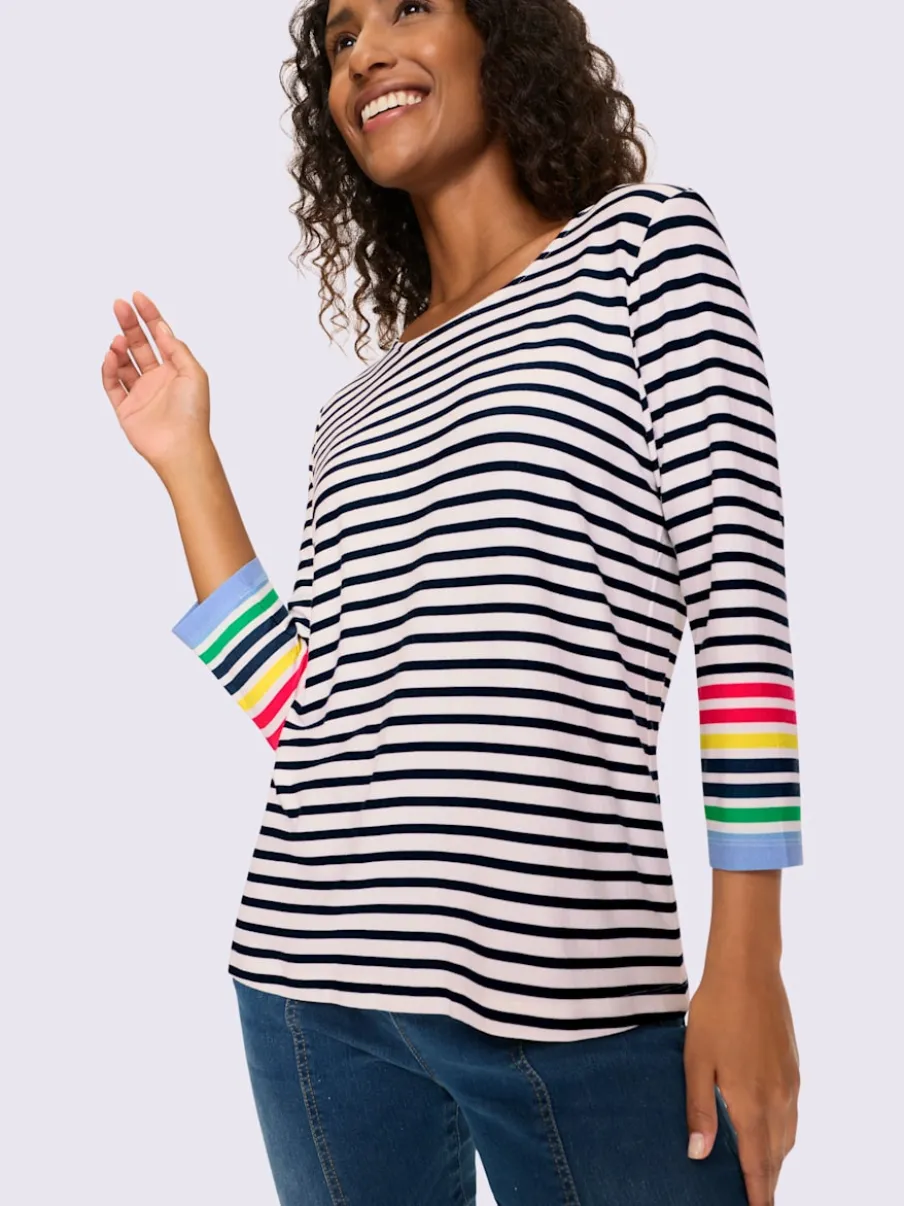 T-shirt à manches 3/4 motifs rayés avec détails contrastés