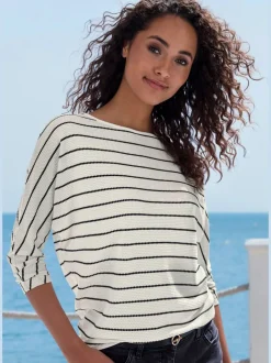 T-shirt à manches 3/4 rayures structurées coupe ample coton viscose