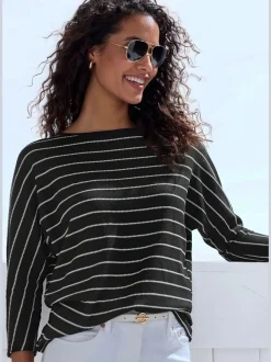 T-shirt à manches 3/4 rayures structurées coupe ample coton viscose