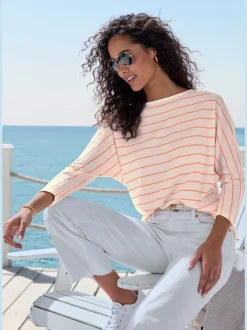 T-shirt à manches 3/4 rayures structurées coupe ample coton viscose